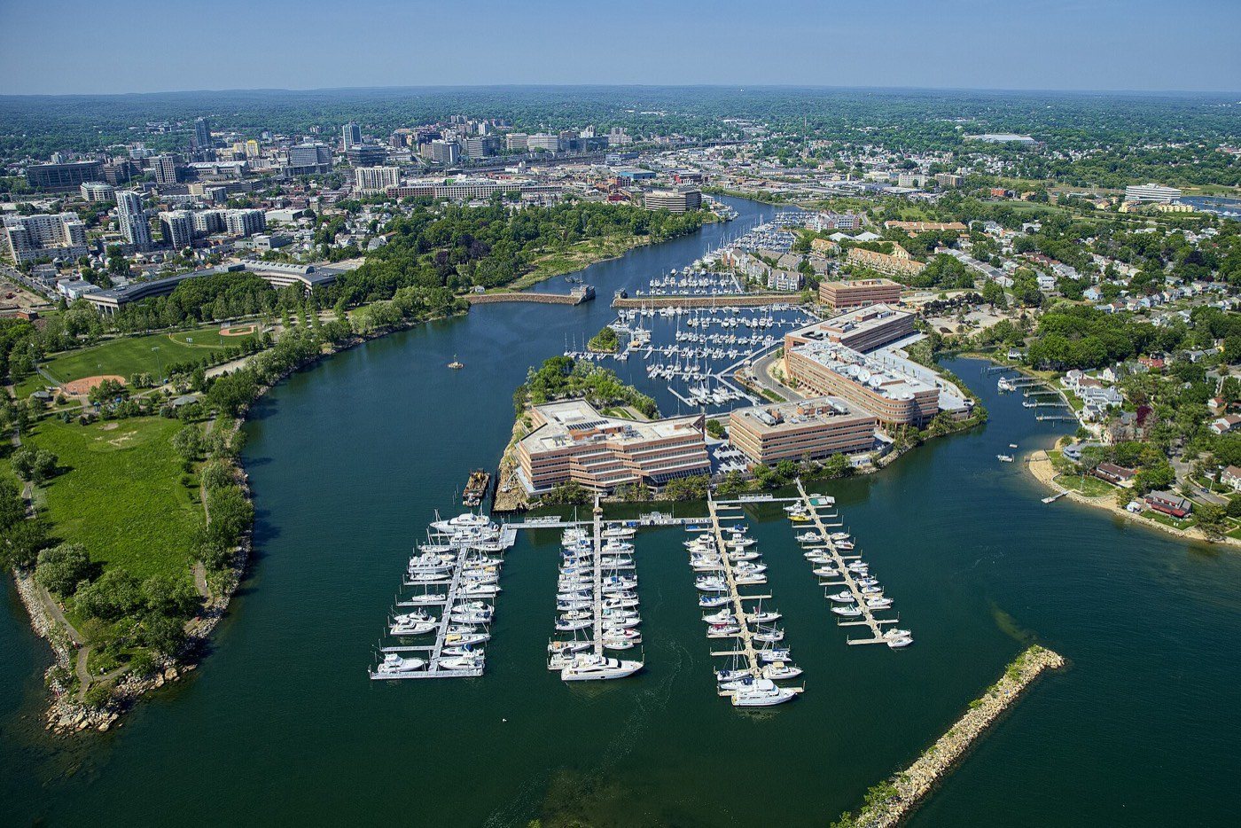 An aerial view of the Stamford, Connecticut waterfront
