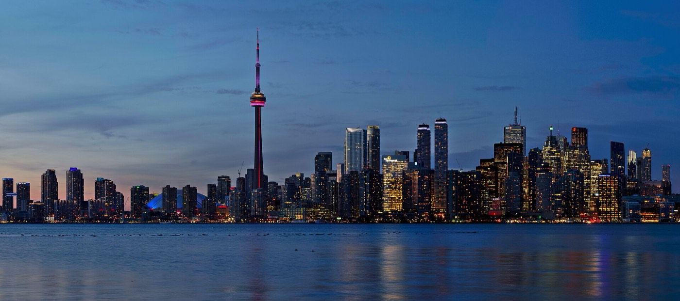 The Toronto skyline at sunset from the lake