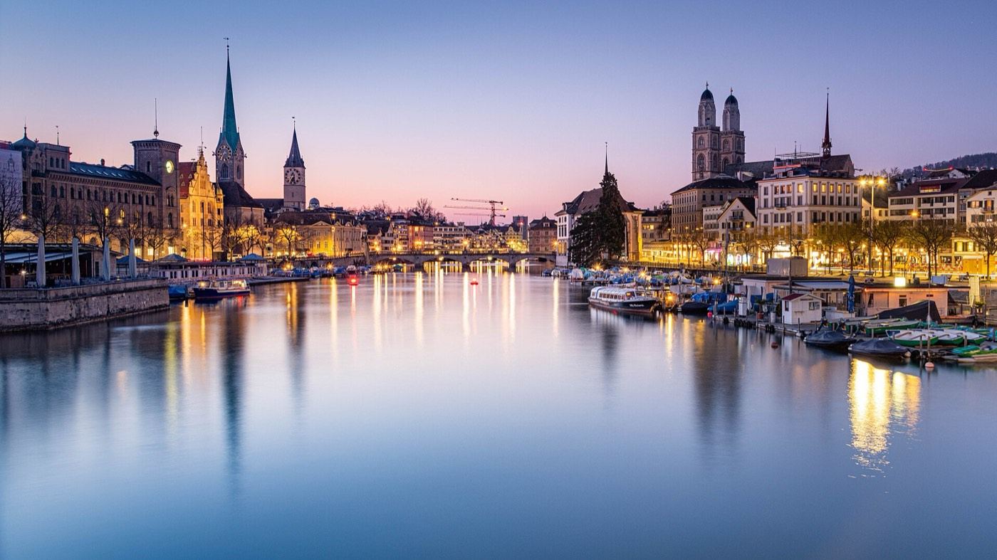 Central Zurich on the Limmat at dusk